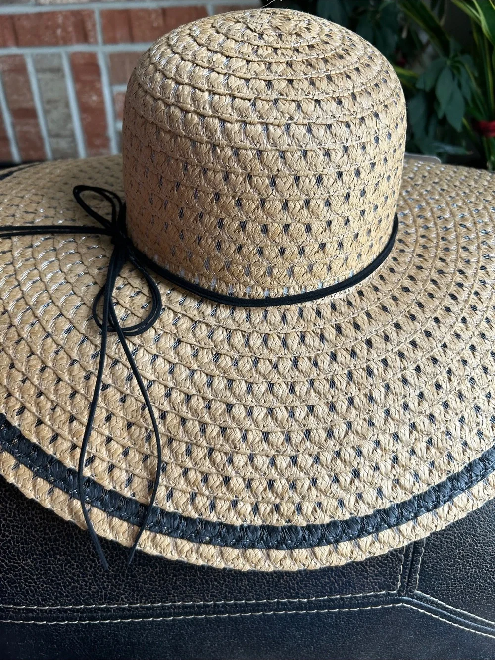 Natural Straw Wide Sun Hat with Black Trim and Black Bow